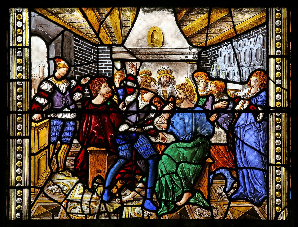Fenster w16, Darstellung von St. Thomas in Indien wird zur Hochzeit von Pelagius eingeladen, wird von einem Diener geschlagen - der wiederum von einem Löwen gefressen wird. Ein Hund bringt den Arm des Dieners von French School