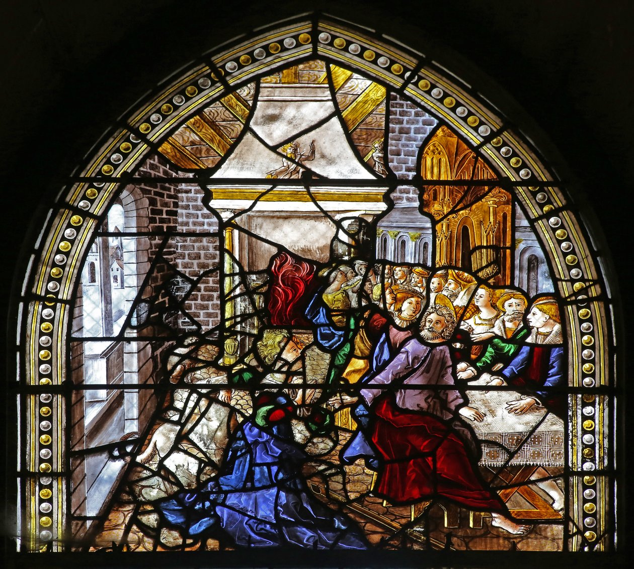 Fenster w16, Darstellung von St. Thomas in Indien wird zur Hochzeit von Pelagius eingeladen, wird von einem Diener geschlagen - der wiederum von einem Löwen gefressen wird. Ein Hund bringt den Arm des Dieners von French School