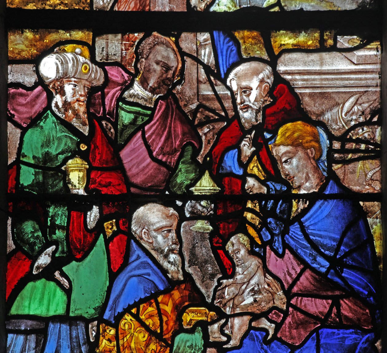 Fenster w16, das die Anbetung der Heiligen Drei Könige darstellt von French School