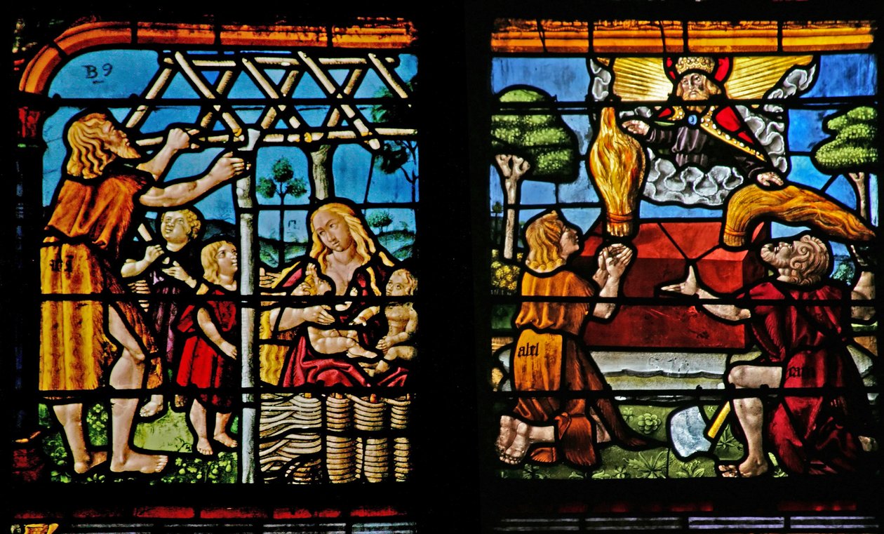 Fenster w1, Darstellung von Adam beim Hausbau und Eva mit ihren Kindern; Kain und Abel bringen ihre Opfer dar von French School