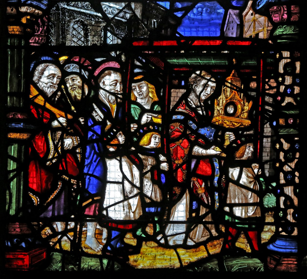 Fenster w1, die Apostel, die einer Monstranz mit der Hostie (hier als Juwel mit graviertem Glas) folgen, darstellend von French School