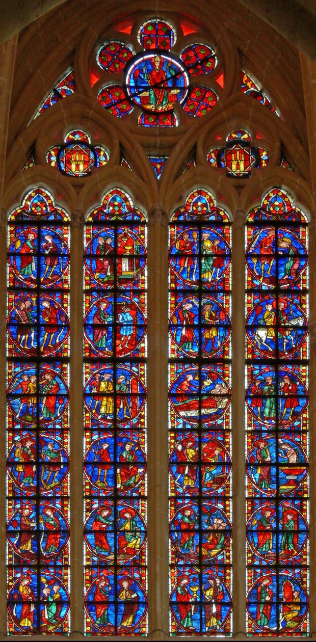 Fenster w210 zeigt das St. Jakobus-Fenster und die Legende des verlorenen Abhängigen von French School