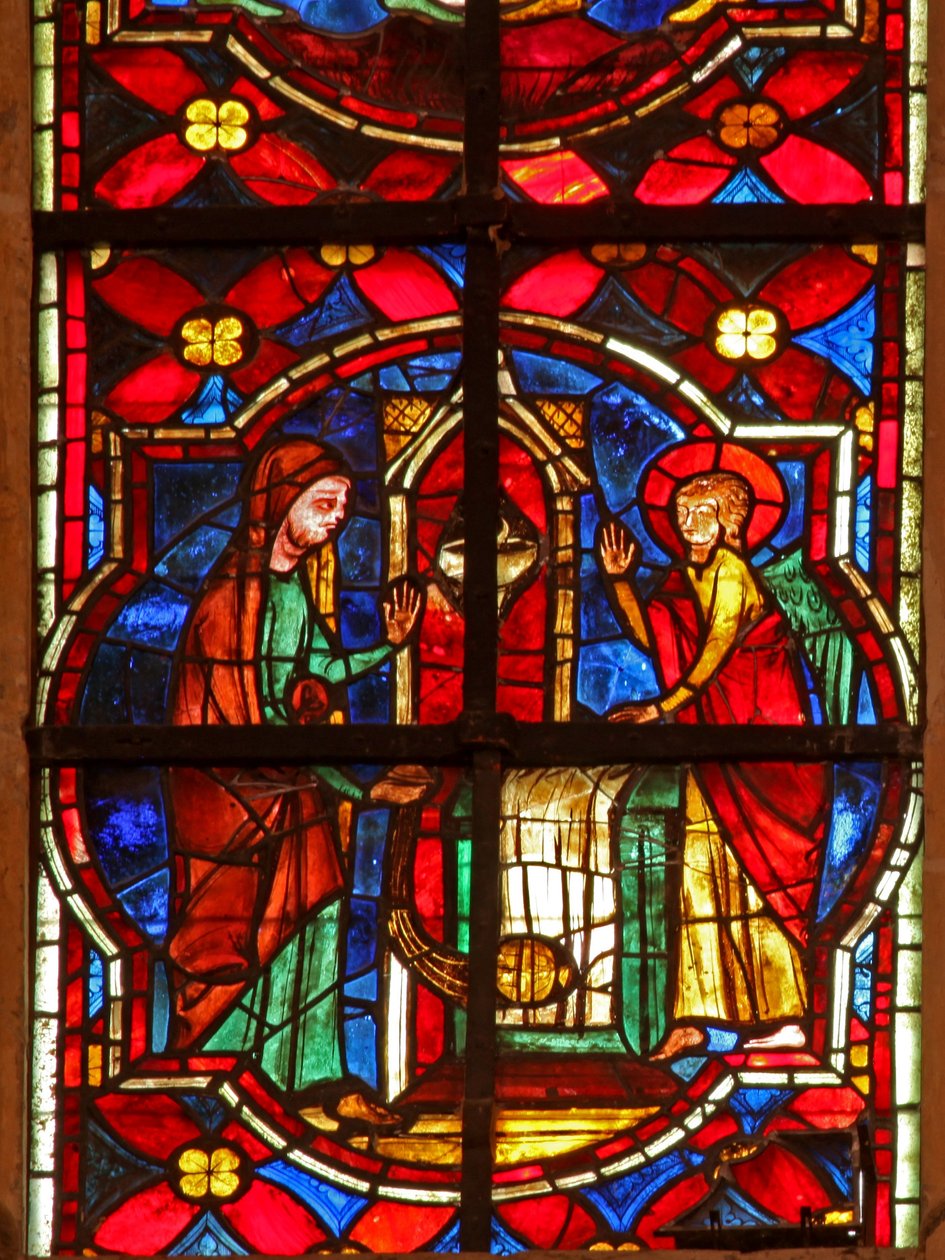 Fenster w212 zeigt Zacharias, den Vater von Johannes dem Täufer, besucht von einem Engel im Tempel von French School