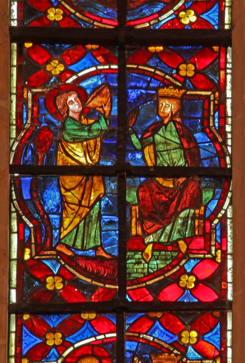 Fenster w212, Darstellung einer Szene aus der Legende von Johannes: der Heilige trinkt den vergifteten Kelch von French School