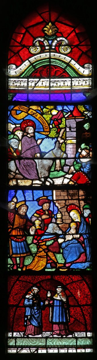 Fenster w22, das den Einzug in Jerusalem; die Anbetung der Heiligen Drei Könige; St. Kosmas und Damian darstellt von French School