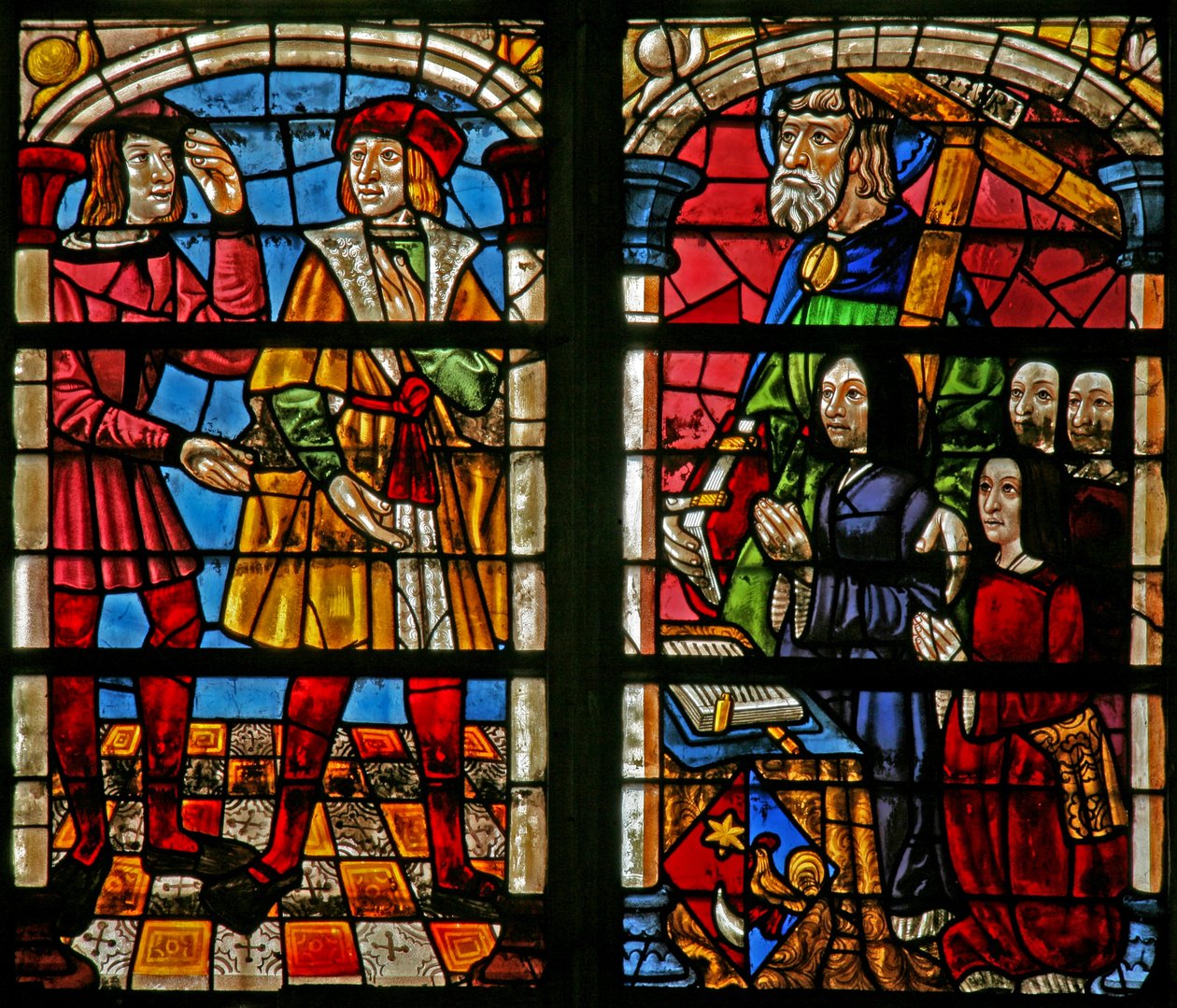 Fenster w232 zeigt eine Szene aus der Geschichte vom verlorenen Sohn: der Zorn des älteren Bruders; Frau und Töchter des Stifters, St. Simon von French School