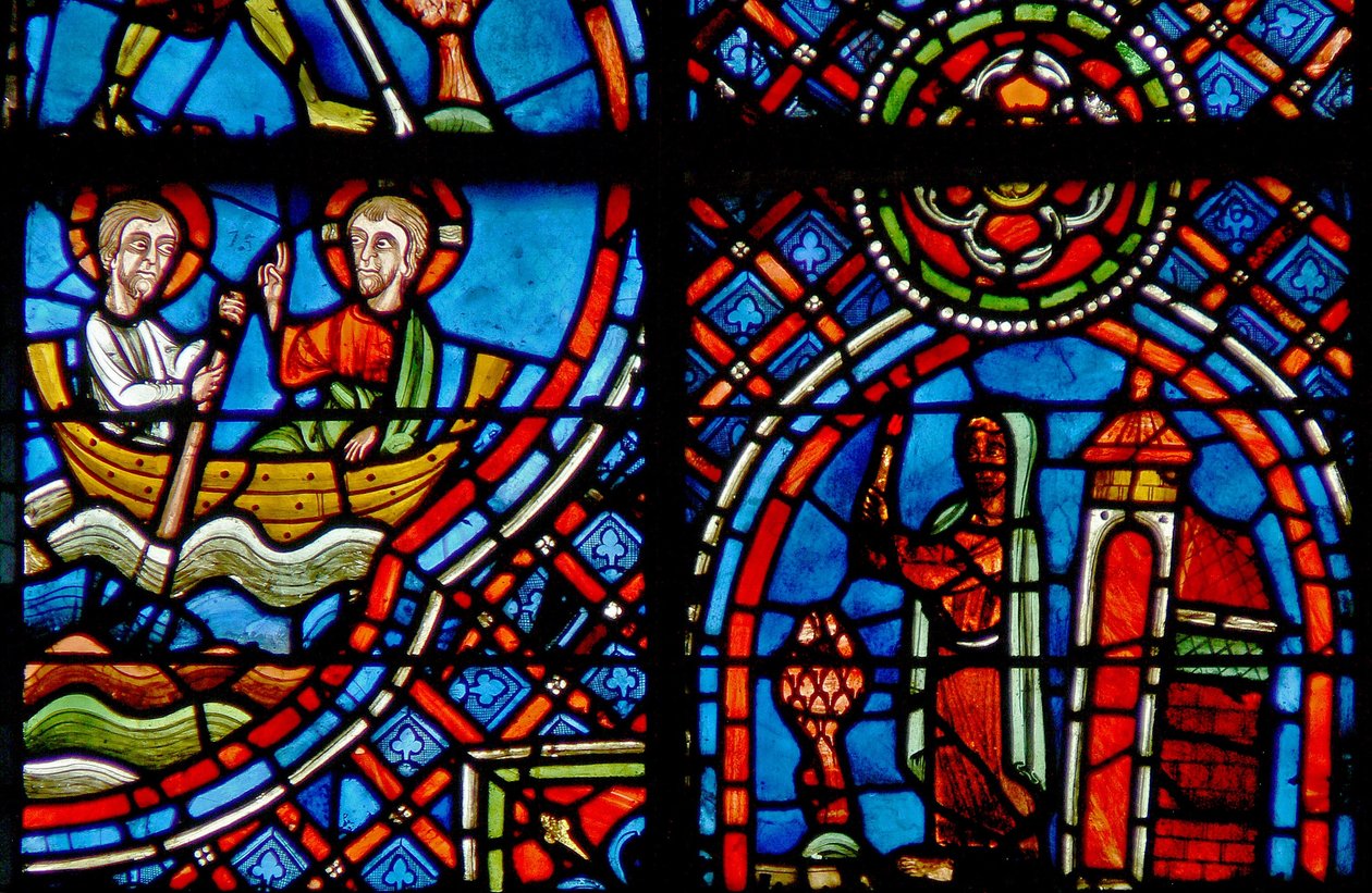 Fenster w23, Darstellung von St. Julian Hospitalier, der Christus jede Nacht auf der anderen Seite des Flusses trifft von French School