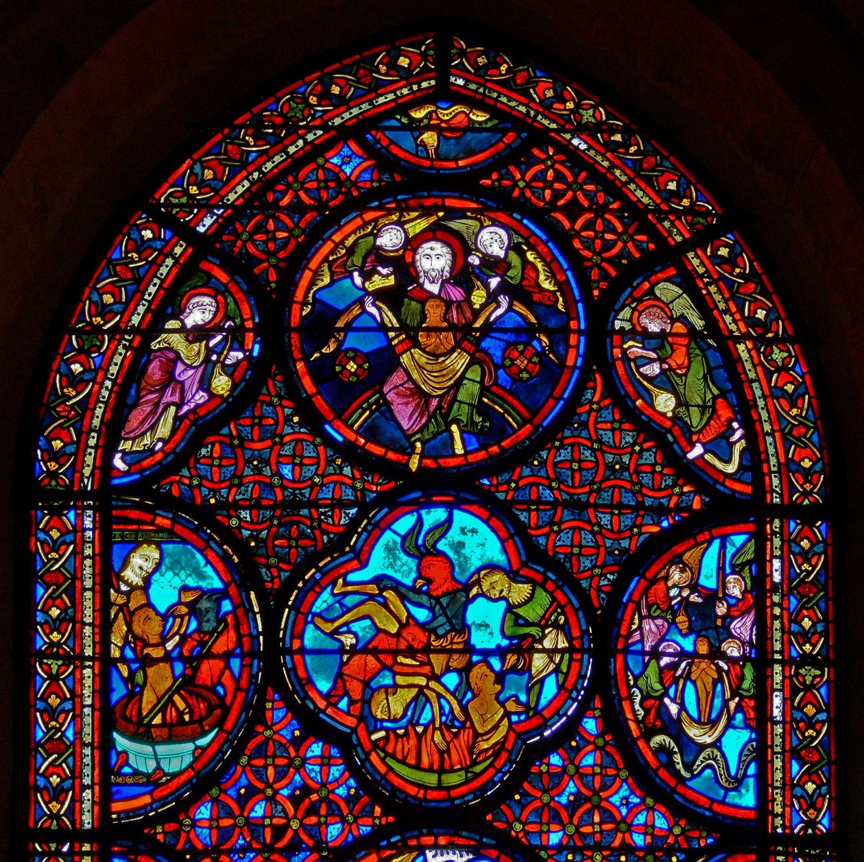 Fenster w23 zeigt das Gleichnis von Dives und Lazarus: der obere Abschnitt von French School