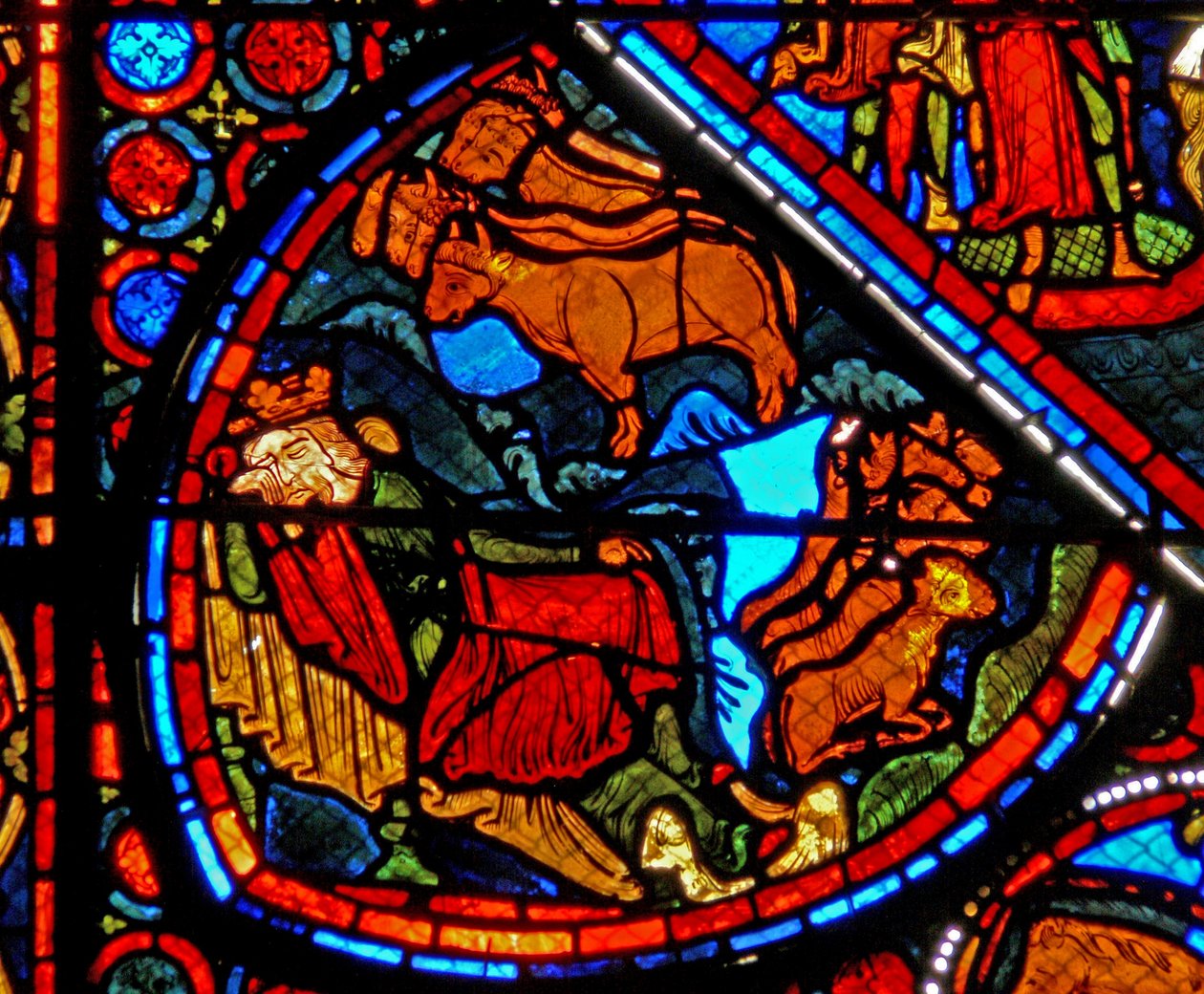 Fenster w24 zeigt eine Szene aus der Geschichte von Joseph: der Pharao träumt von den fetten und mageren Jahren von French School