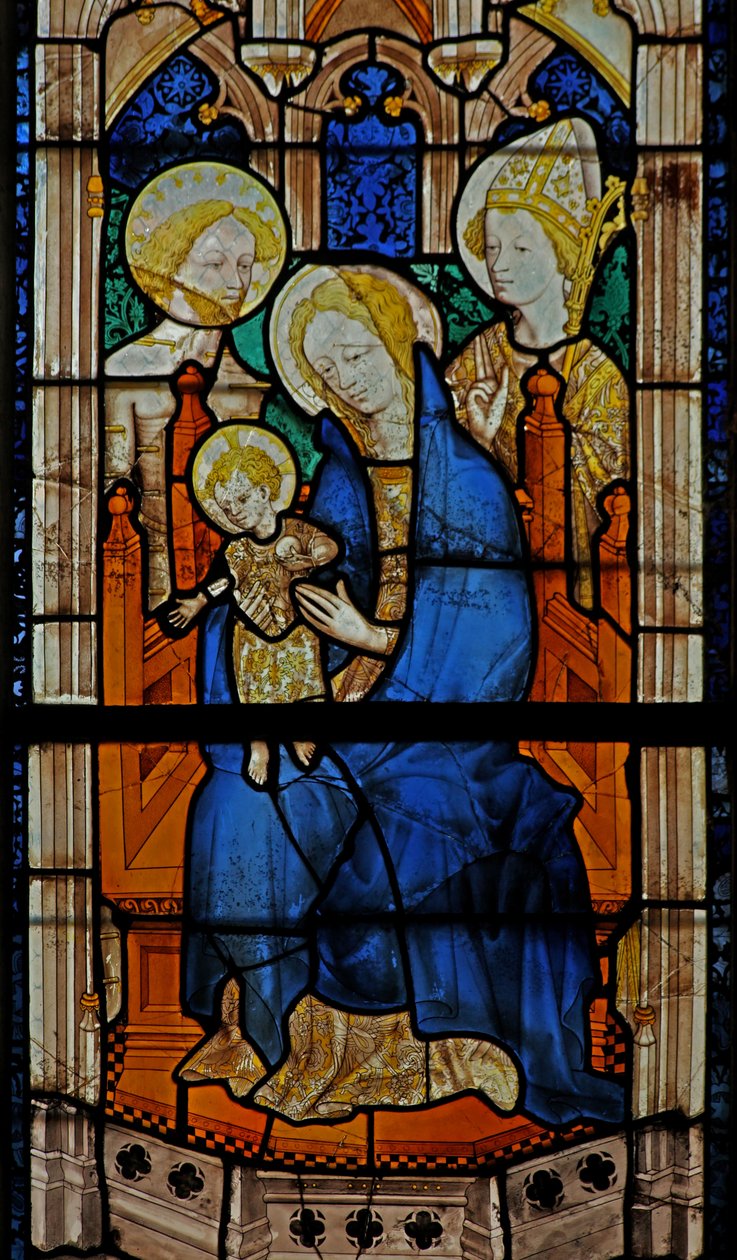 Fenster w27 zeigt die Jungfrau und das Kind mit St. Sebastian und einem heiligen Bischof von French School