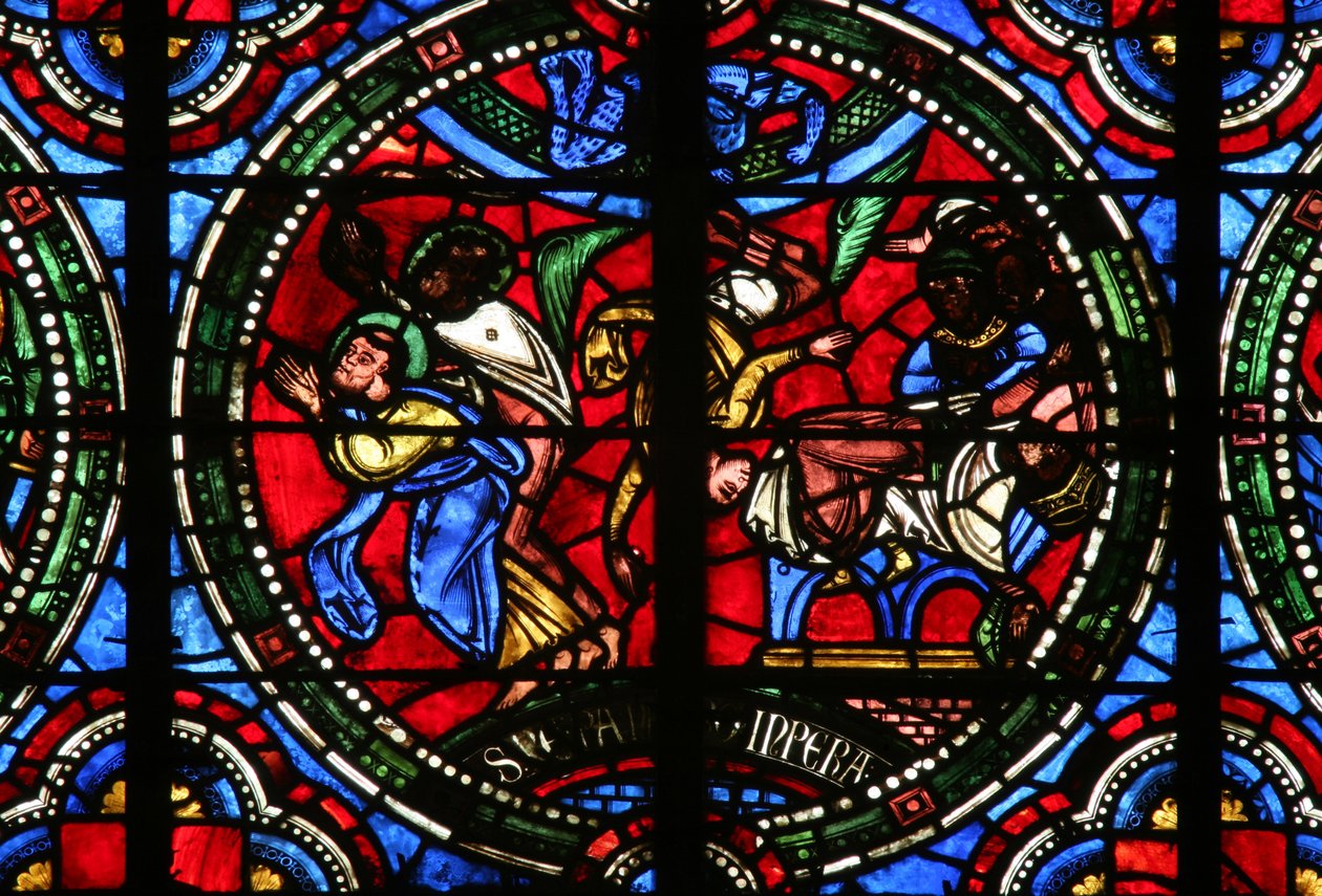 Fenster Nr. 2, Darstellung einer Szene aus dem Leben von St. Petrus: Simon Magus fällt, während er versucht, seine Flugfähigkeiten zu demonstrieren von French School