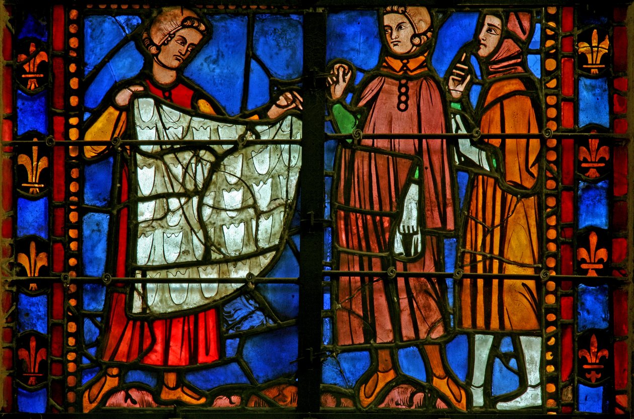 Fenster w37, ein Stifter - Kürschner mit Kunden von French School