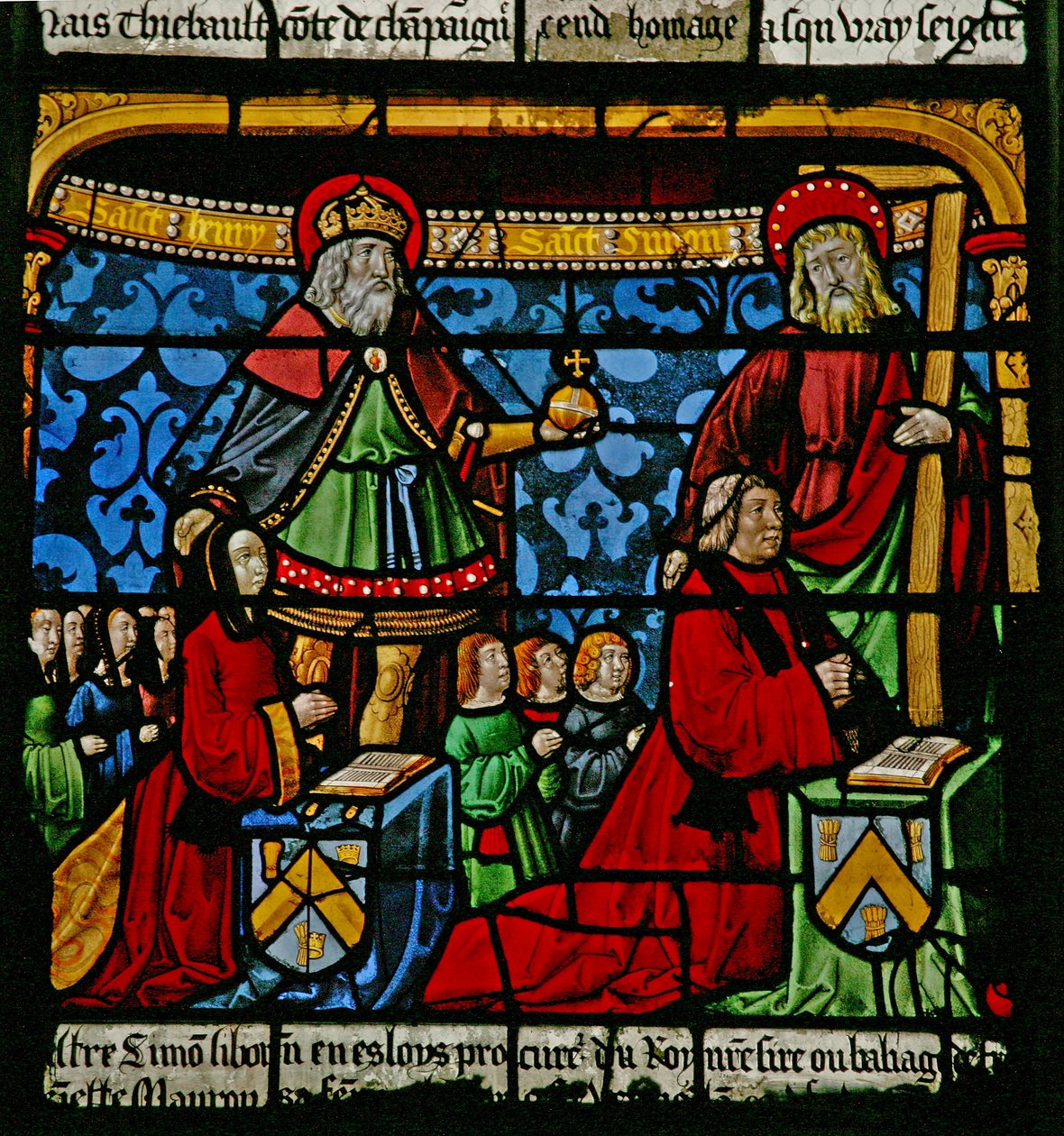 Fenster w3, Darstellung der Stifter - Henriette de Mauroy und Simon Liboron mit ihren Kindern und Schutzheiligen St. Heinrich und Simon von Kyrene von French School