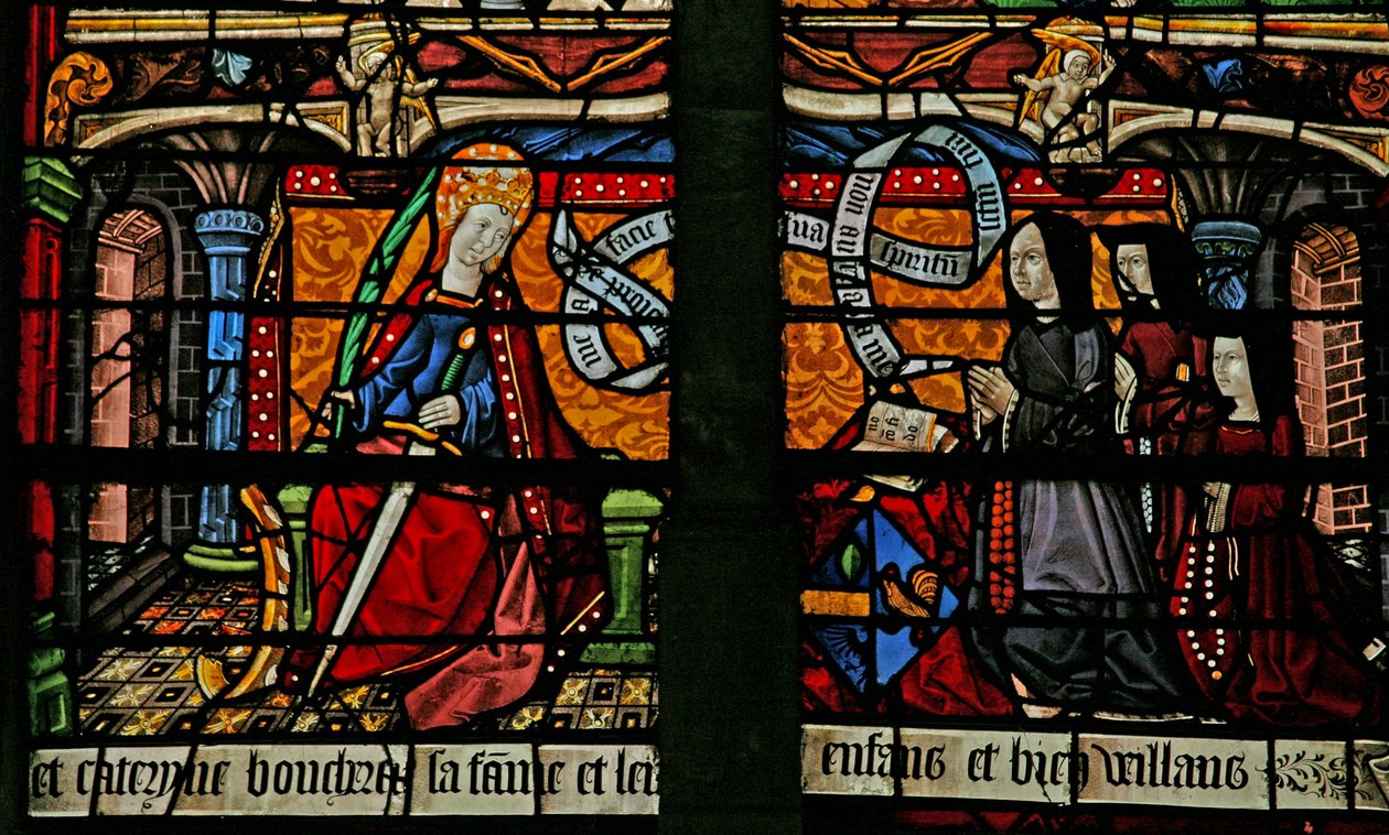 Fenster w4, Darstellung einer Stifterin - Catherine Boucheret mit Familie und St. Katharina von French School