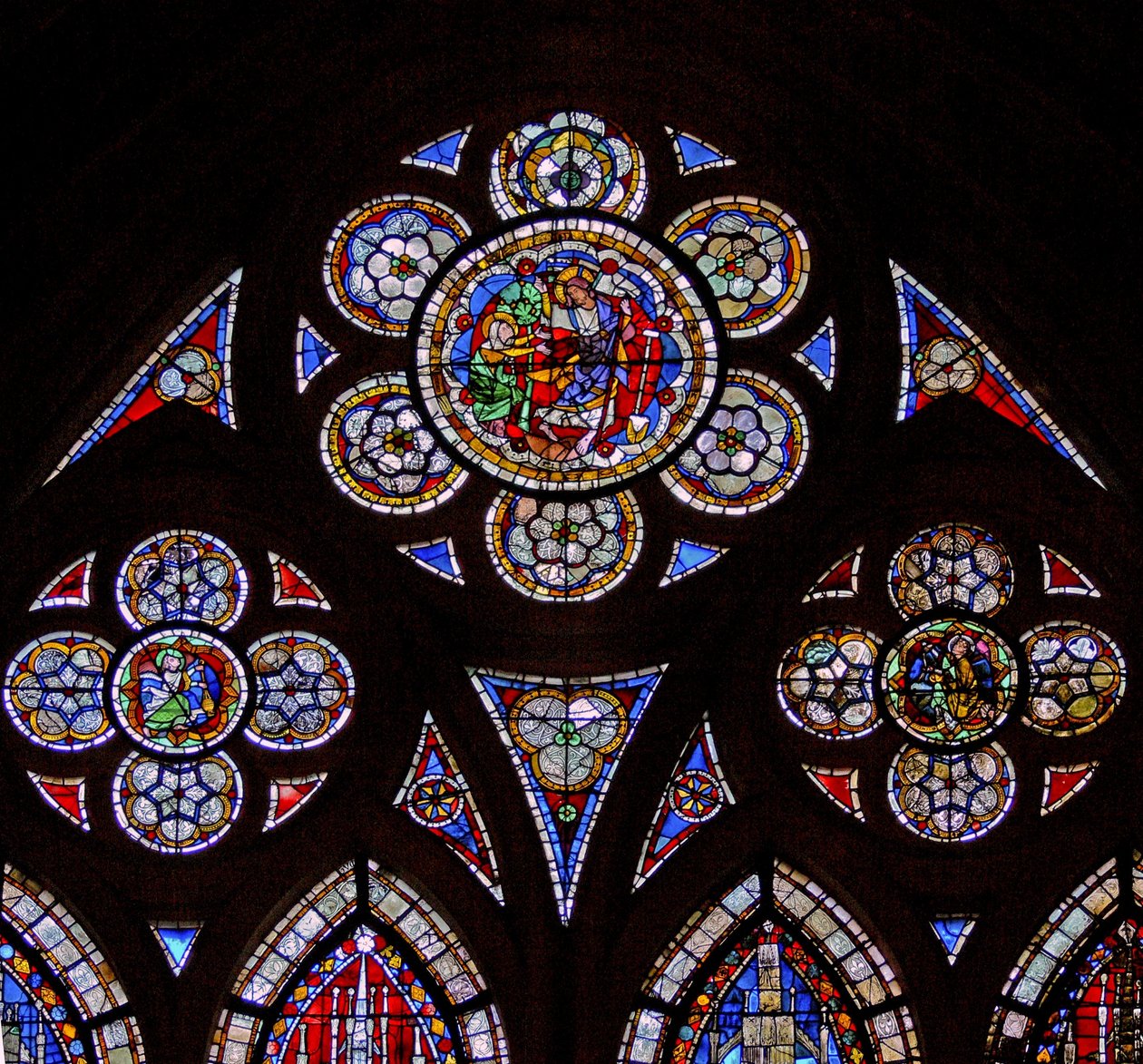 Fenster w7 mit den Maßwerklichtern mit zwei Engeln und Noli Me Tangere von French School