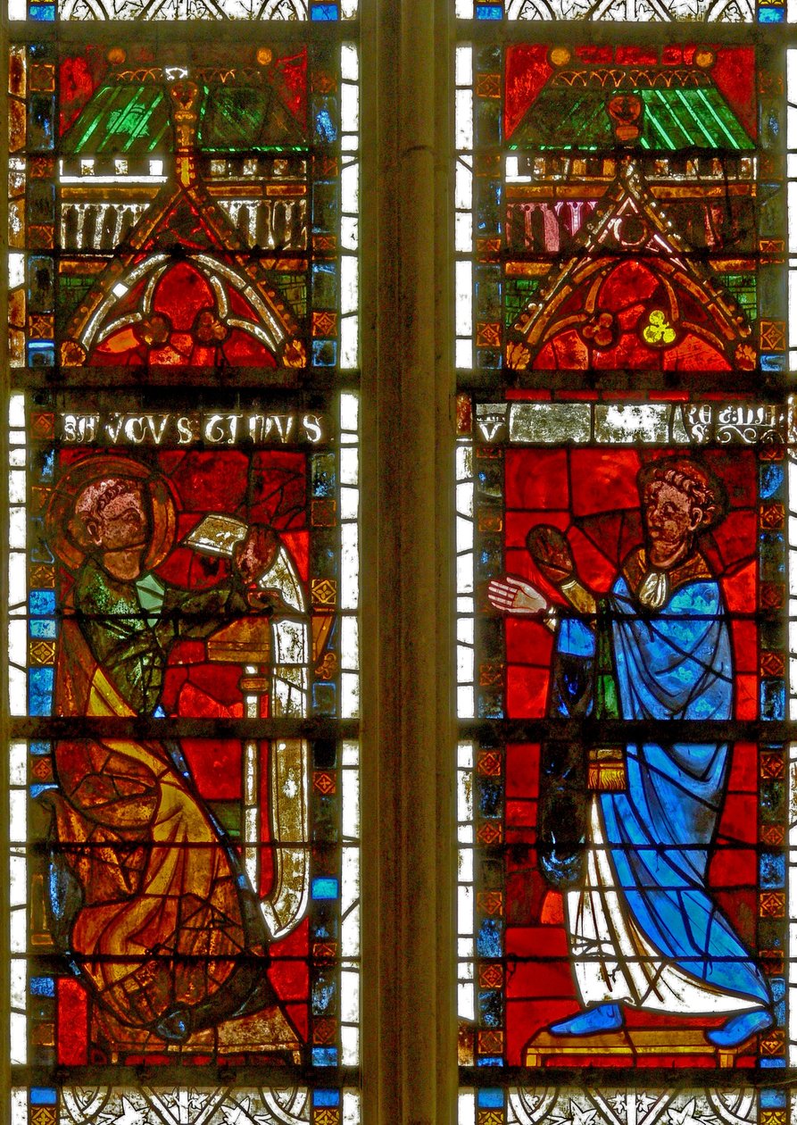 Fenster w8, das St. Augustinus und einen Stifter darstellt, der die Regel erhält von French School