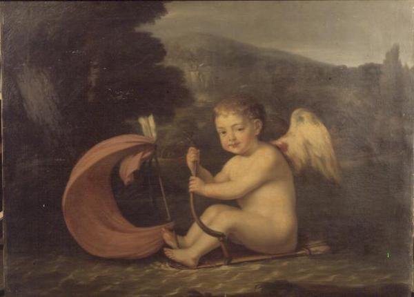 Geflügelter Amor, segelt ein Boot mit Köcher-Rumpf und Pfeil-Mast, ca. 1800 von French School