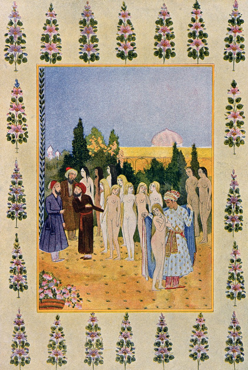 Mit meinem Umhang werde ich ihre Nacktheit schützen, Illustration aus Tausendundeine Nacht, 1895 (Farbstich) von French School