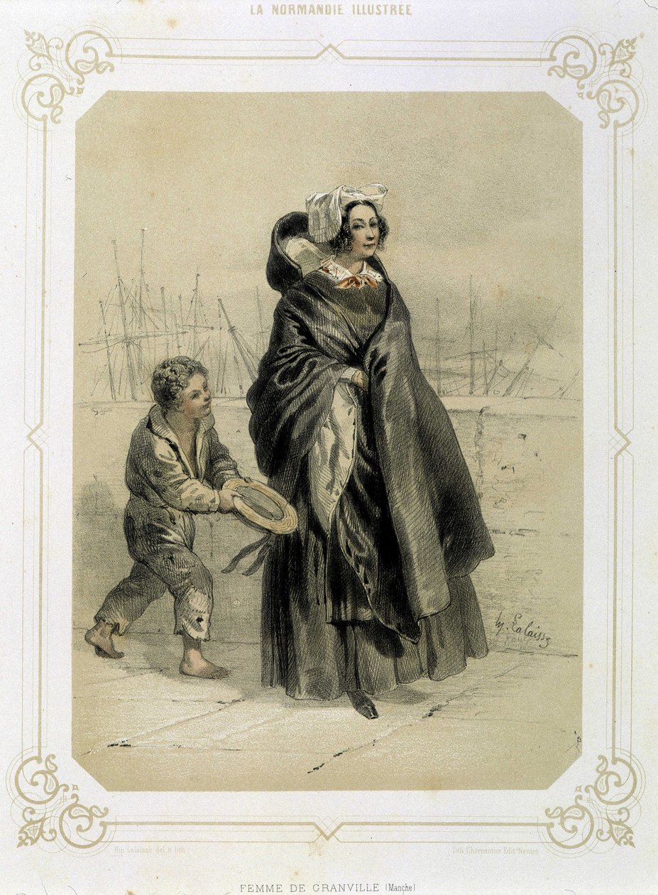 Frau von Granville und junger Bettler - in „Illustriertes Normandie“ (Lithografie) von French School