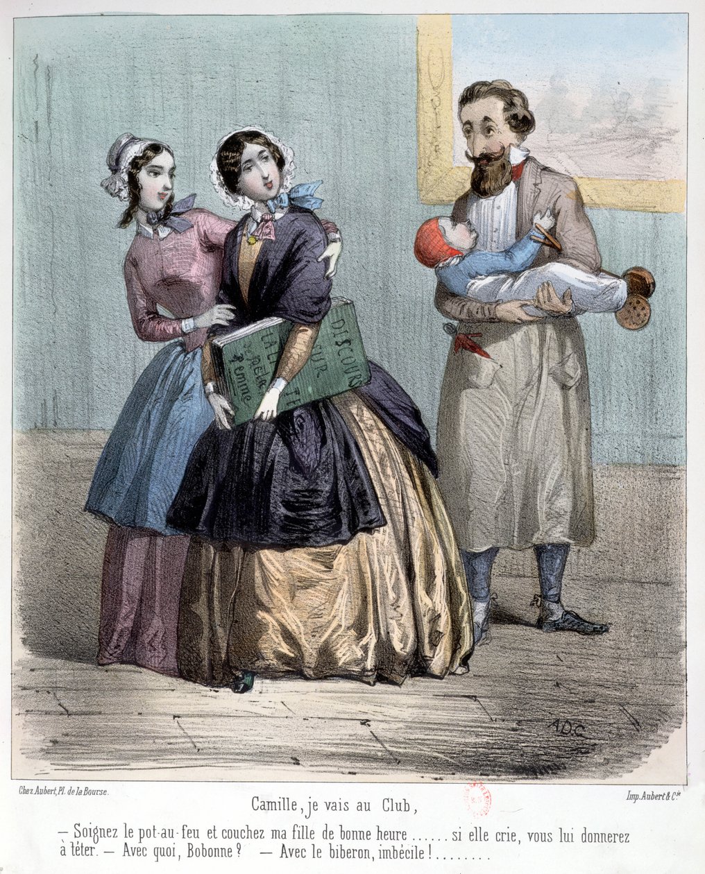 Frauen verlassen ihre Ehemänner, um sich um die Kinder zu kümmern, während sie in ihren Club gehen, 1848 von French School