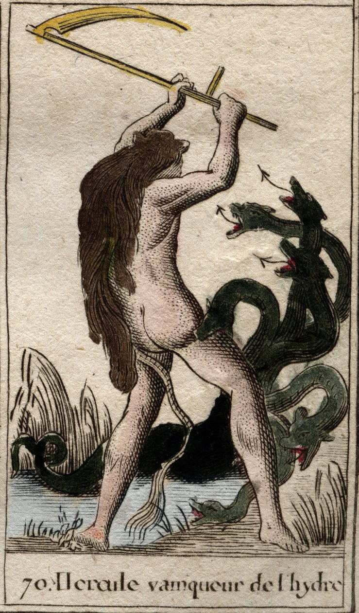 Arbeiten des Herkules: „Herkules tötet die lernäische Hydra“. Aus „Mythologie der Jugend“ von Pierre Blanchard 1803. von French School