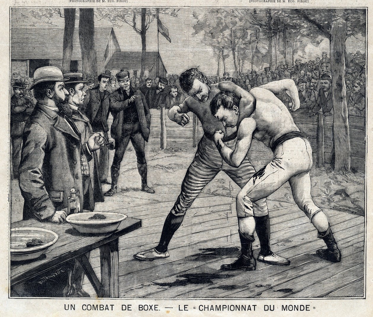 Weltmeisterschaft: Boxkampf zwischen Jim Corbett und Bob Fitzsimmons in Carson, Nevada, USA: In Le Petit Parisien am 11.04.1897. Private Sammlung von French School