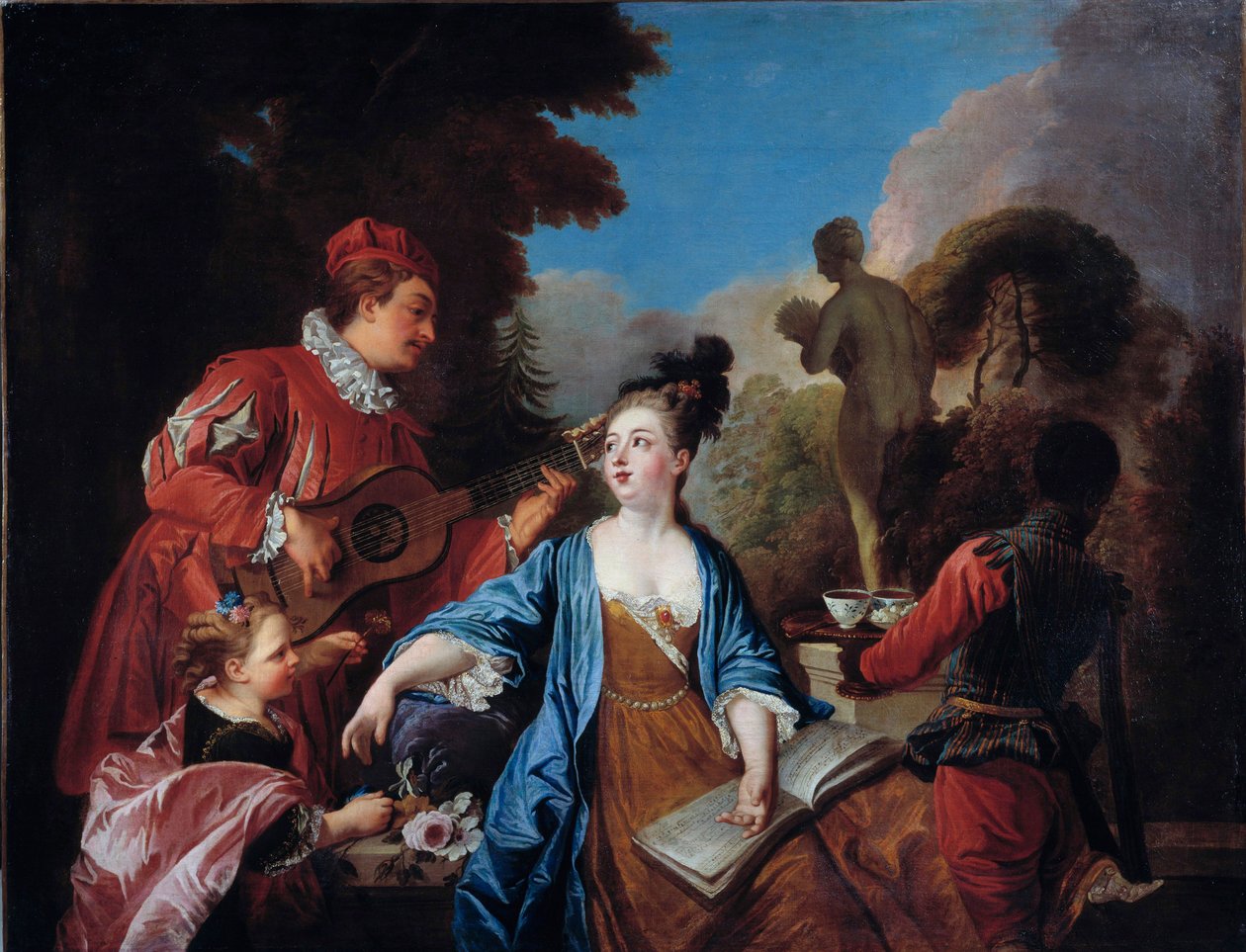 Teegesellschaft im Park. Junge Adlige werden im Garten von einem jungen schwarzen Diener bedient. Gemälde der französischen Schule. 18. Jahrhundert. Rouen, Musée des Beaux-Arts von French School