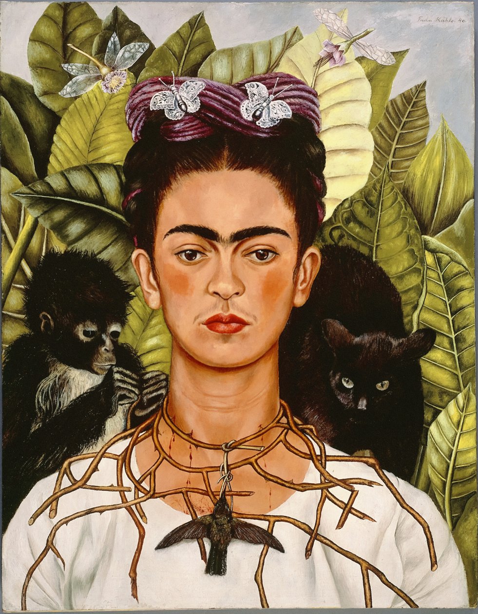 Selbstporträt mit Dornenhalskette und Kolibri von Frida Kahlo