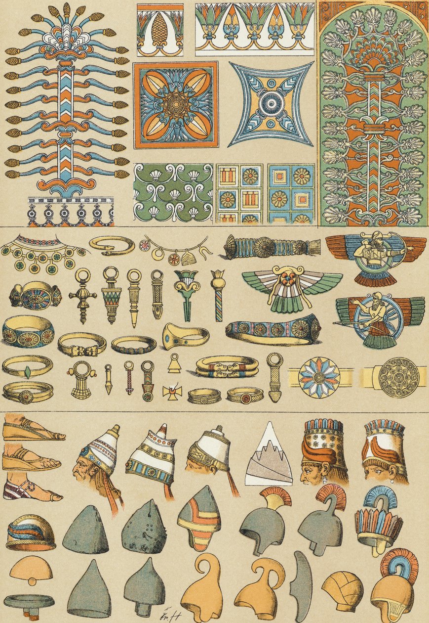 Babylonische und assyrische Kopfbedeckungen und Schuhe (Druck) von Friedrich (after) Hottenroth