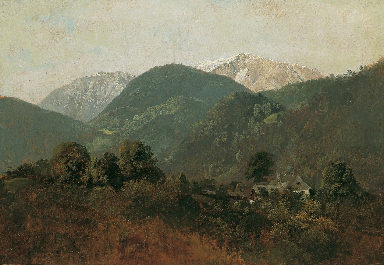 Blick von Scheuchenstein zum Gauermannhof mit Schneeberg im Hintergrund von Friedrich August Mathias Gauermann
