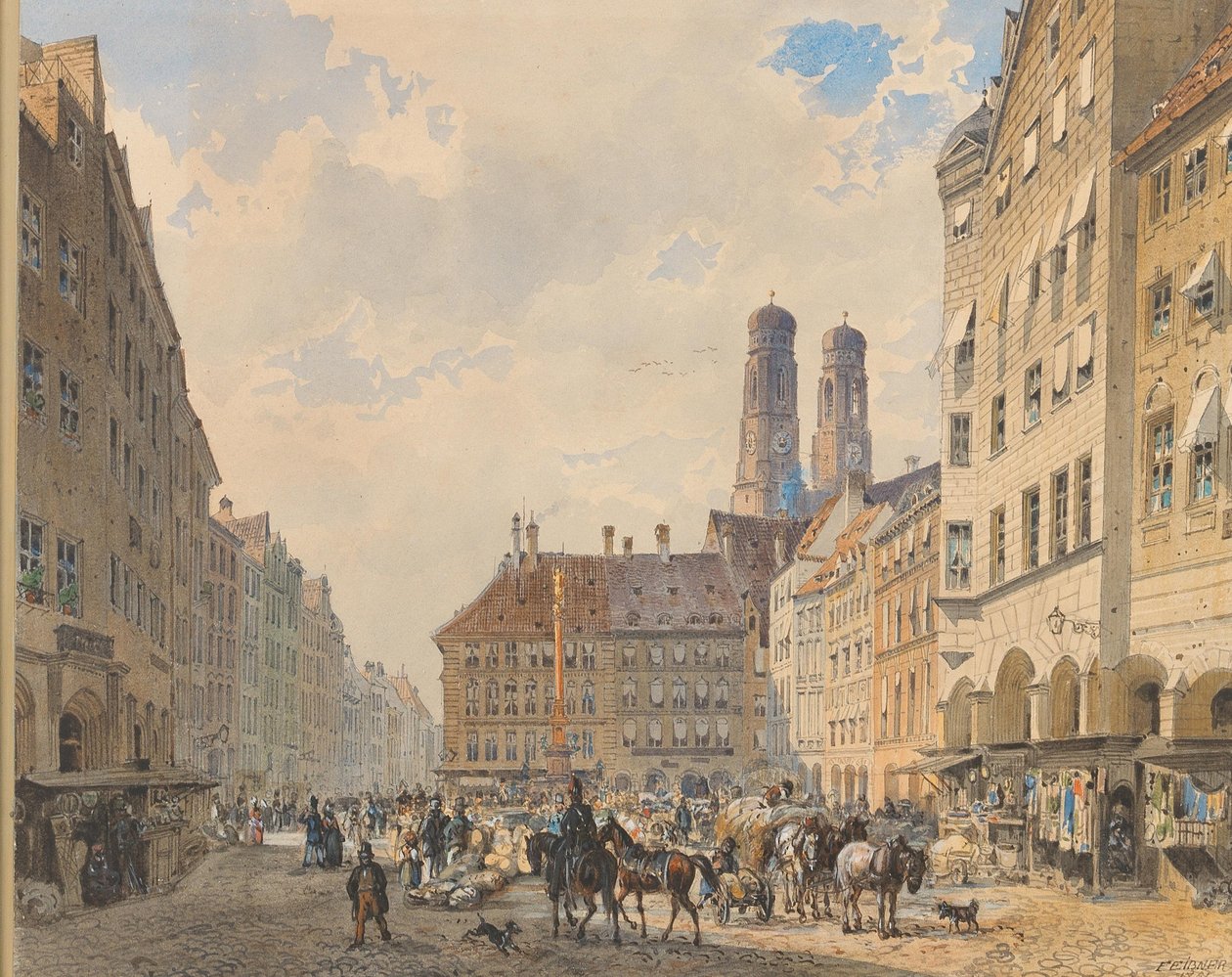 Der Marienplatz in München mit der Frauenkirche im Hintergrund von Friedrich Eibner