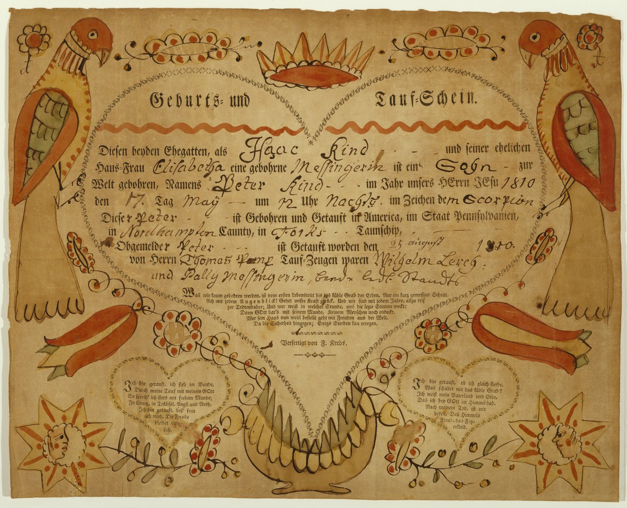 Geburts- und Taufurkunde, ca. 1790-1800 von Friedrich Krebs