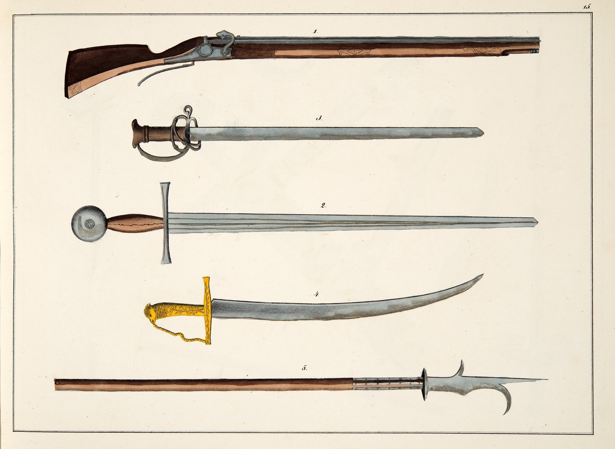 Waffen einschließlich Schwerter und Speere, ca. 1400, Tafel aus A History of the Development and Customs of Chivalry, von Dr. Franz Kottenkamp, veröffentlicht von Carl Hoffmann, 1842 von Friedrich Martin von Reibisch