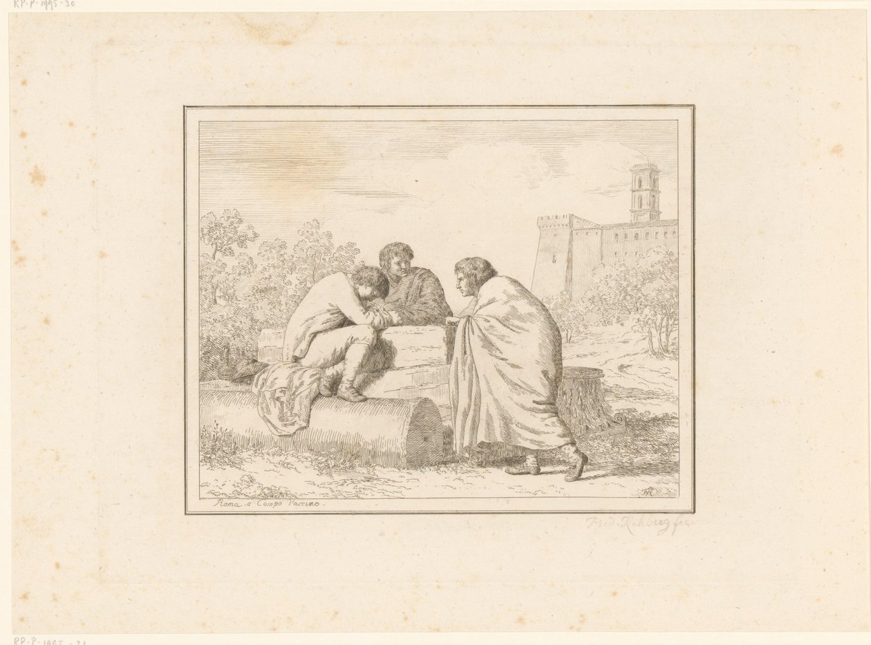 Drei junge Männer (Szenen aus dem täglichen Leben in Italien, Figure, prese dal vero, ed incise a aqua forte) von Friedrich Rehberg