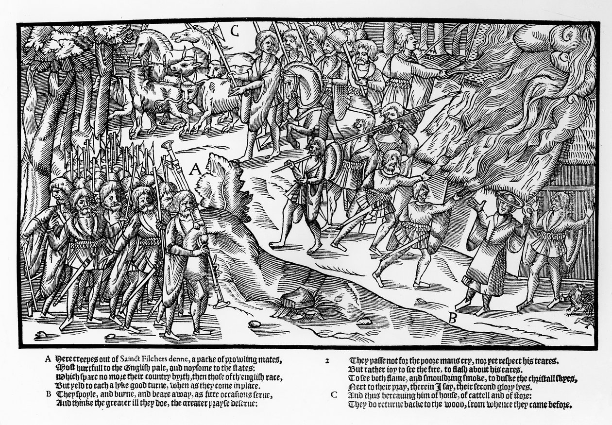 Eine bewaffnete Gruppe der Kerne, die Hellebarden und Piken tragen und von einem Pfeifer angeführt werden, greifen ein Bauernhaus an und brennen es nieder, Platte 2 aus 