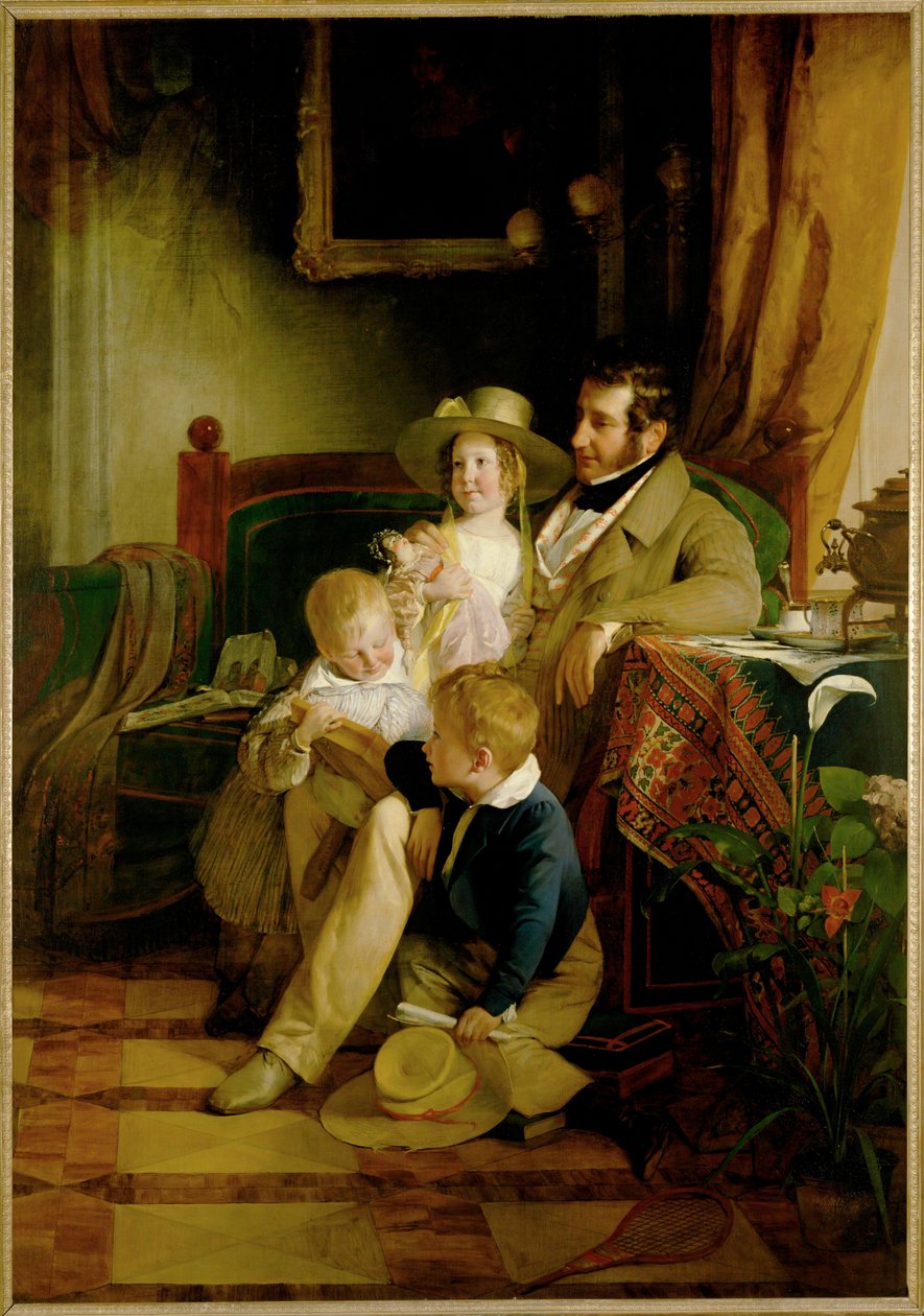 Rudolf von Arthaber und seine Kinder Rudolf Emilie und Gustav, das Bild ihrer verstorbenen Frau und Mutter betrachtend von Friedrich von Amerling