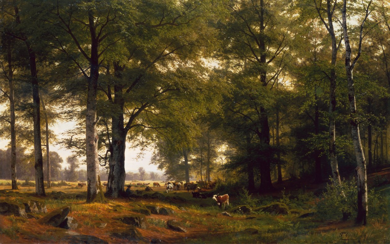 Eine bewaldete Landschaft mit einem Kuhhirten von Fritz Carl Werner Ebel