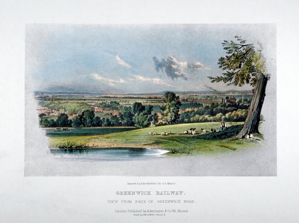 Ansicht der London und Greenwich Railway von der Rückseite der Greenwich Road, 1836 von GF Bragg