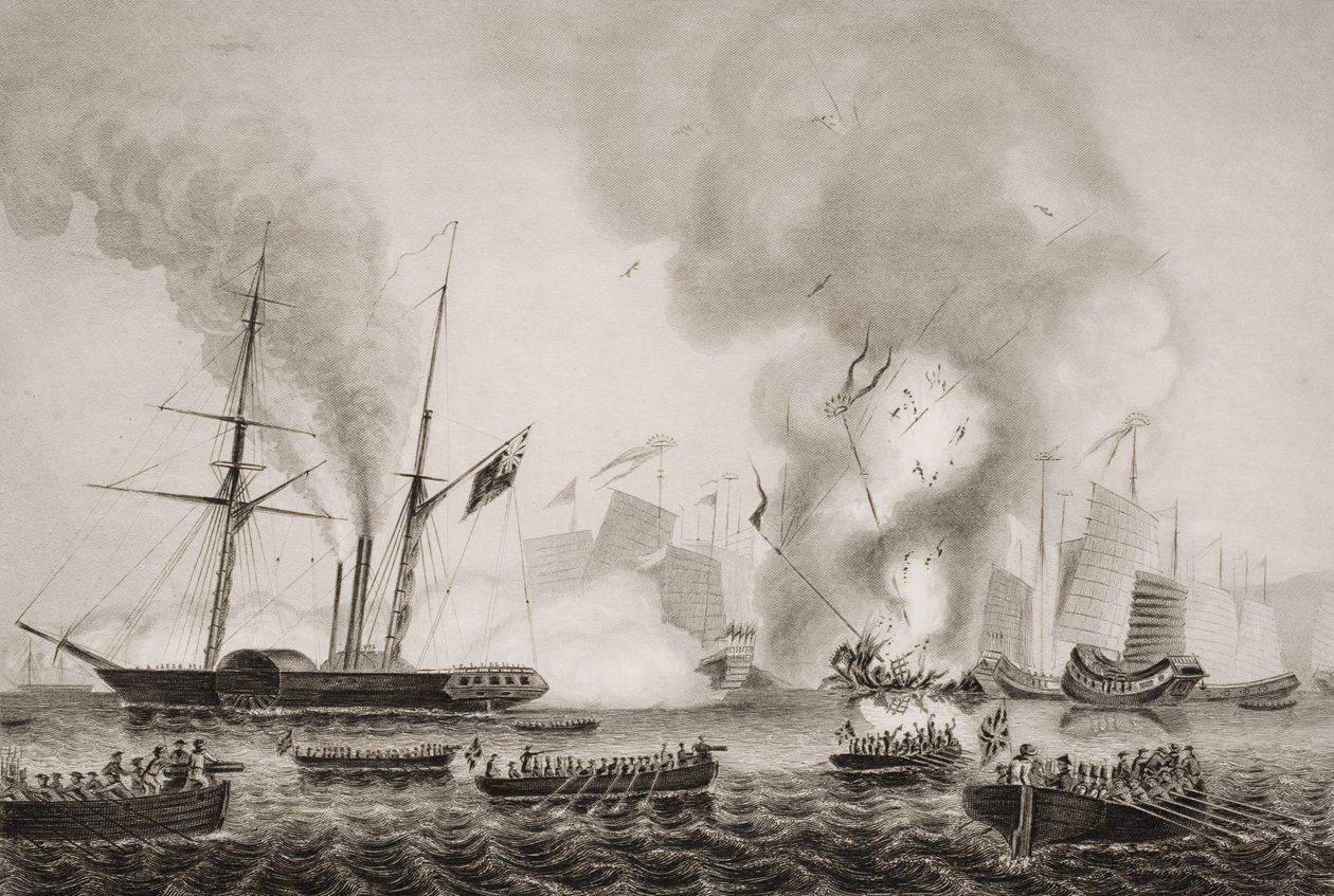 Der Dampfer Nemesis der Hon. East India Company und die Boote der Sulpher, Calliope, Larne und Starling zerstören die chinesischen Kriegsschiffe in der Anson