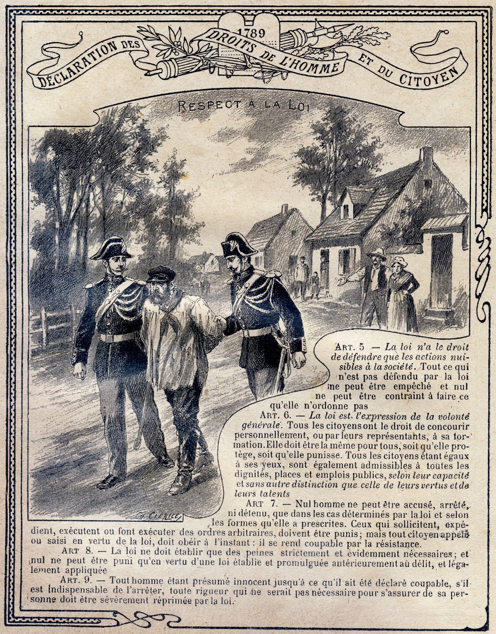 1789: Erklärung der Menschen- und Bürgerrechte: Achtung vor dem Gesetz. Gravur in "Das einzigartige Buch der Moral und staatsbürgerlichen Unterweisung, bestimmt für die Schüler der drei Kurse der Grundschule und für die Schüler der Grundklassen der Gymnasi von G. Dascher