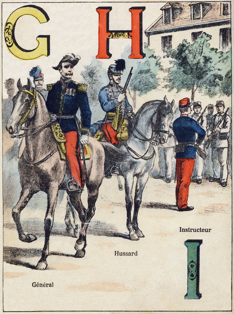 Buchstaben G H I: General, Husar und Ausbilder. Gravur in "Alphabet militaire", Grand-Bebe-Serie. Gravur. Pont-a-Mousson Imaging. Louis Vagne, Drucker-Verleger, um 1900. Illustrationen von G. Dascher. 20 Seiten. Maße: 31,5x24,5cm von G. Dascher
