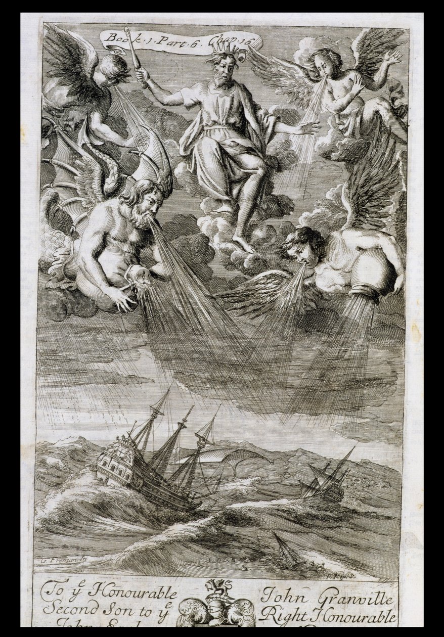 Jupiter entfesselt einen Sturm auf dem Ozean, Illustration aus Buch 1 Teil 6 Kapitel 16 von 