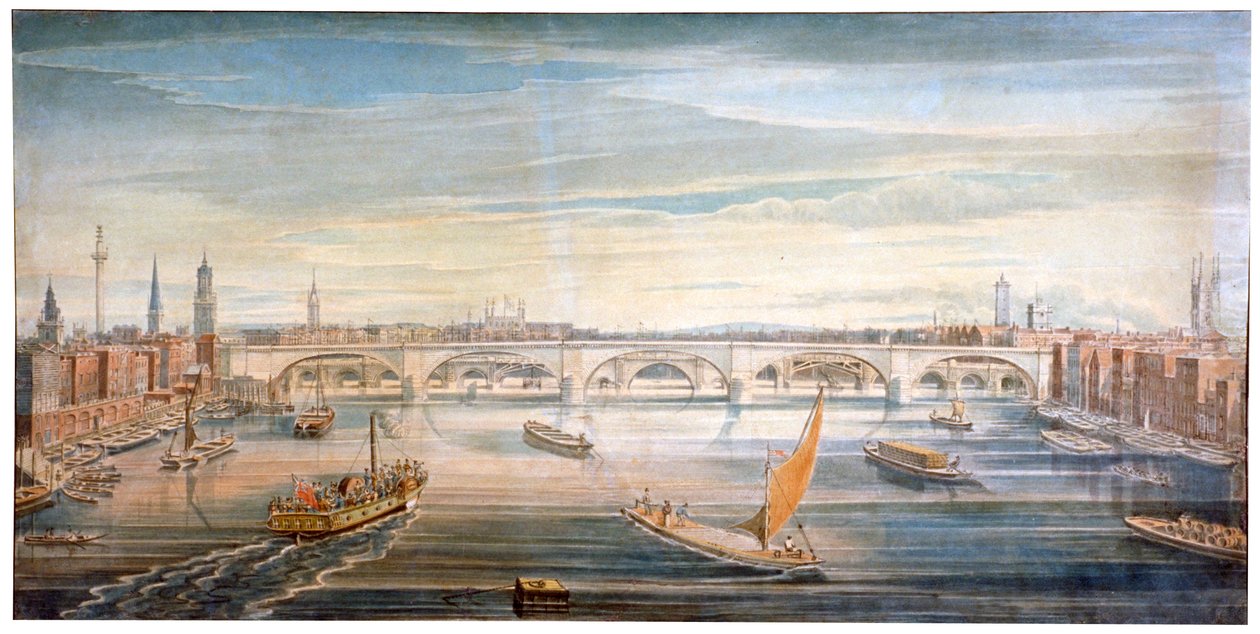 Ansicht der neuen London Bridge von Westen, mit Booten und Lastkähnen auf der Themse, 1831 von G Yates