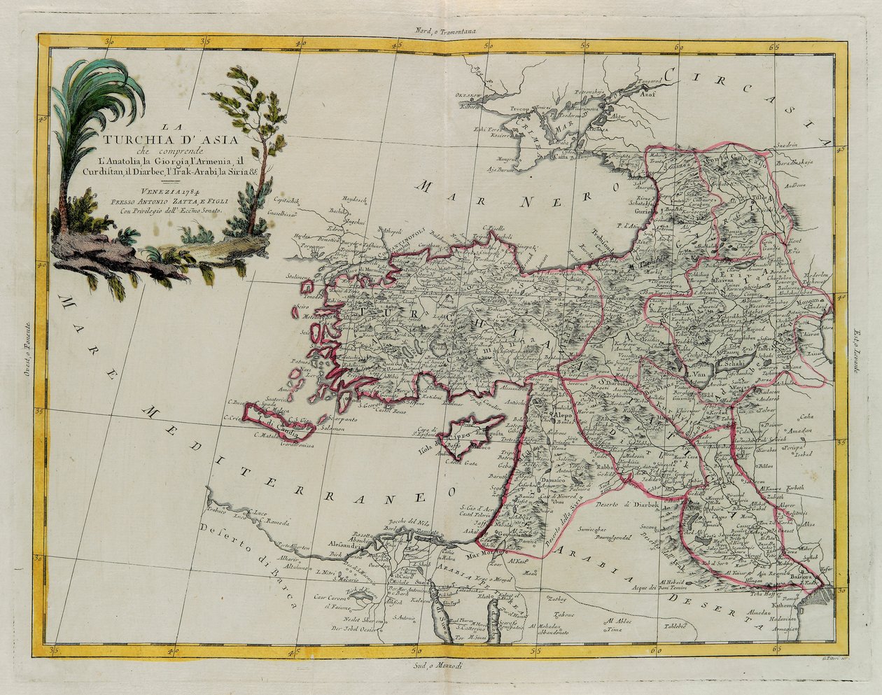 Asiatisches Türkei, einschließlich Anatolien, Georgien, Armenien, Kurdistan, Diarbek, Irak-Arabi, Syrien, Kupferstich von G. Zuliani aus Band IV des "Neuesten Atlas" veröffentlicht in Venedig 1784 von Antonio Zatta, Privatsammlung von G. Zuliani