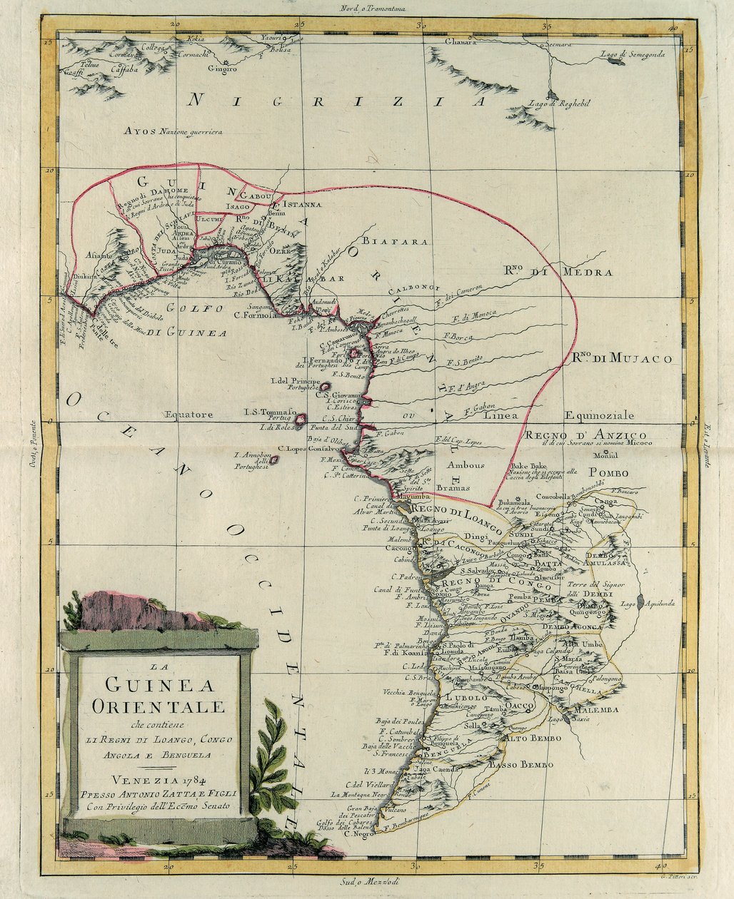Ost-Guinea mit den Königreichen Loango, Kongo, Angola und Benguela, Stich von G. Zuliani aus Band IV des "Neuesten Atlas" veröffentlicht in Venedig 1784 von Antonio Zatta, Privatsammlung von G. Zuliani