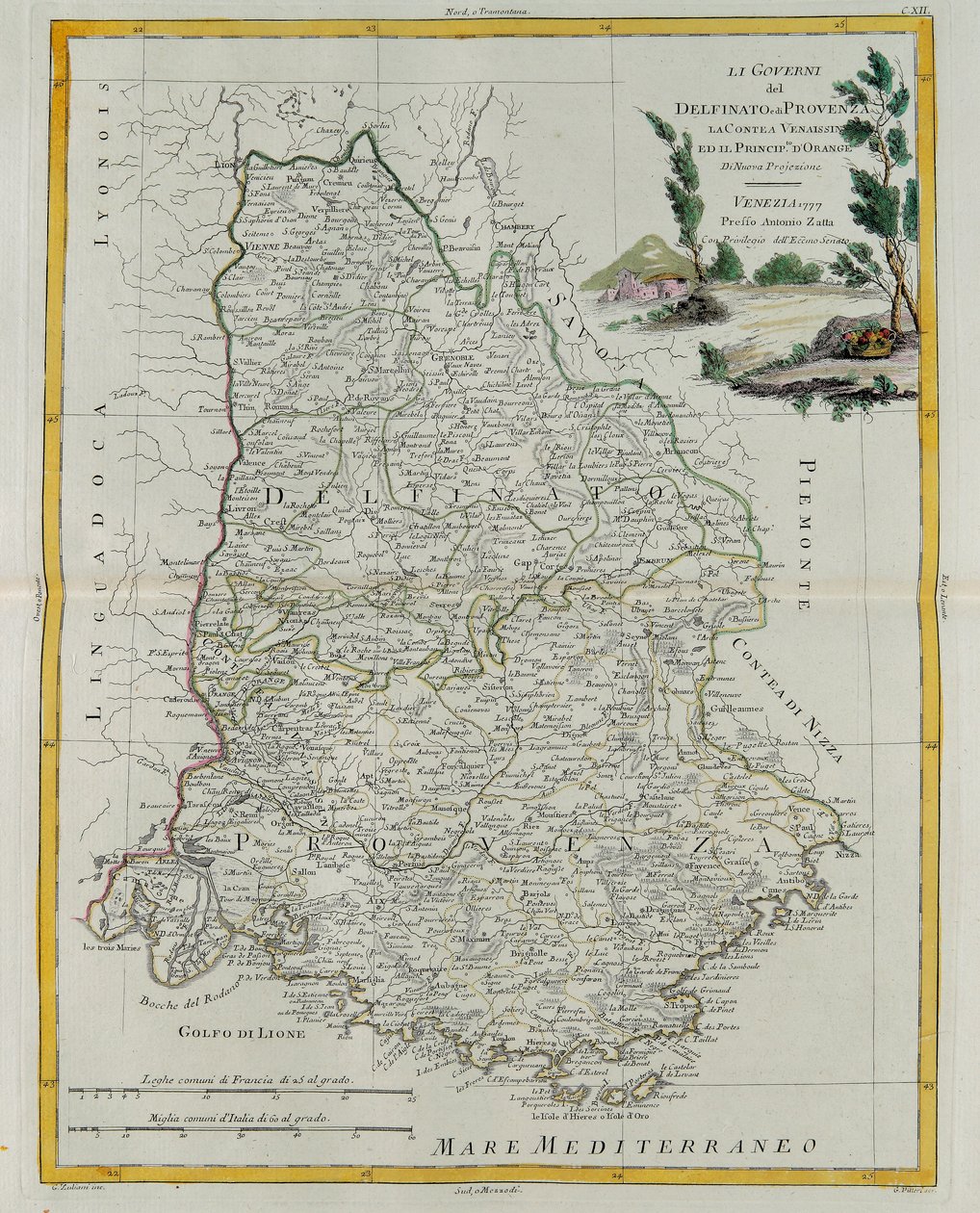 Die Gouvernements von Dauphiné, Provence, das Comtat Venaissin und das Fürstentum Orange, Stich von G. Zuliani aus Band I des Neuesten Atlas, veröffentlicht in Venedig 1777 von Antonio Zatta, Privatsammlung von G. Zuliani