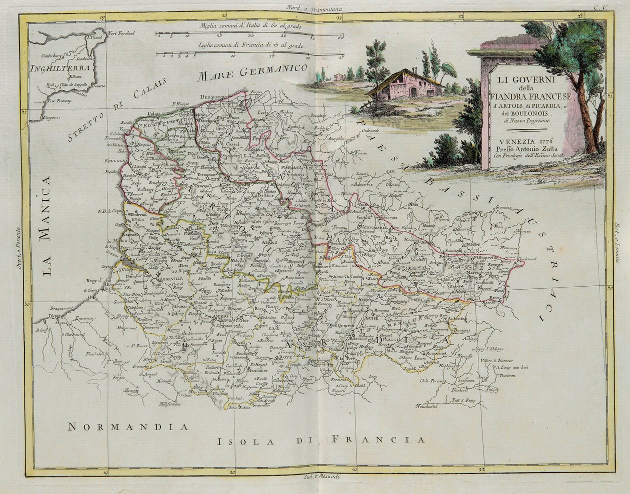 Die Gouvernements von Französisch-Flandern, Artois, Picardie und Boulonnais, Stich von G. Zuliani aus Band I des Neuesten Atlas, veröffentlicht in Venedig 1776 von Antonio Zatta, Privatsammlung von G. Zuliani