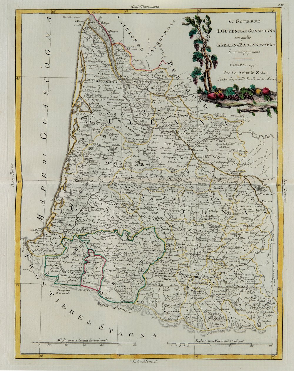 Die Gouvernements von Guyenne und Gascogne mit Béarn und Unter-Navarra, Stich von G. Zuliani aus Band I des Neuesten Atlas, veröffentlicht in Venedig 1776 von Antonio Zatta, Privatsammlung von G. Zuliani