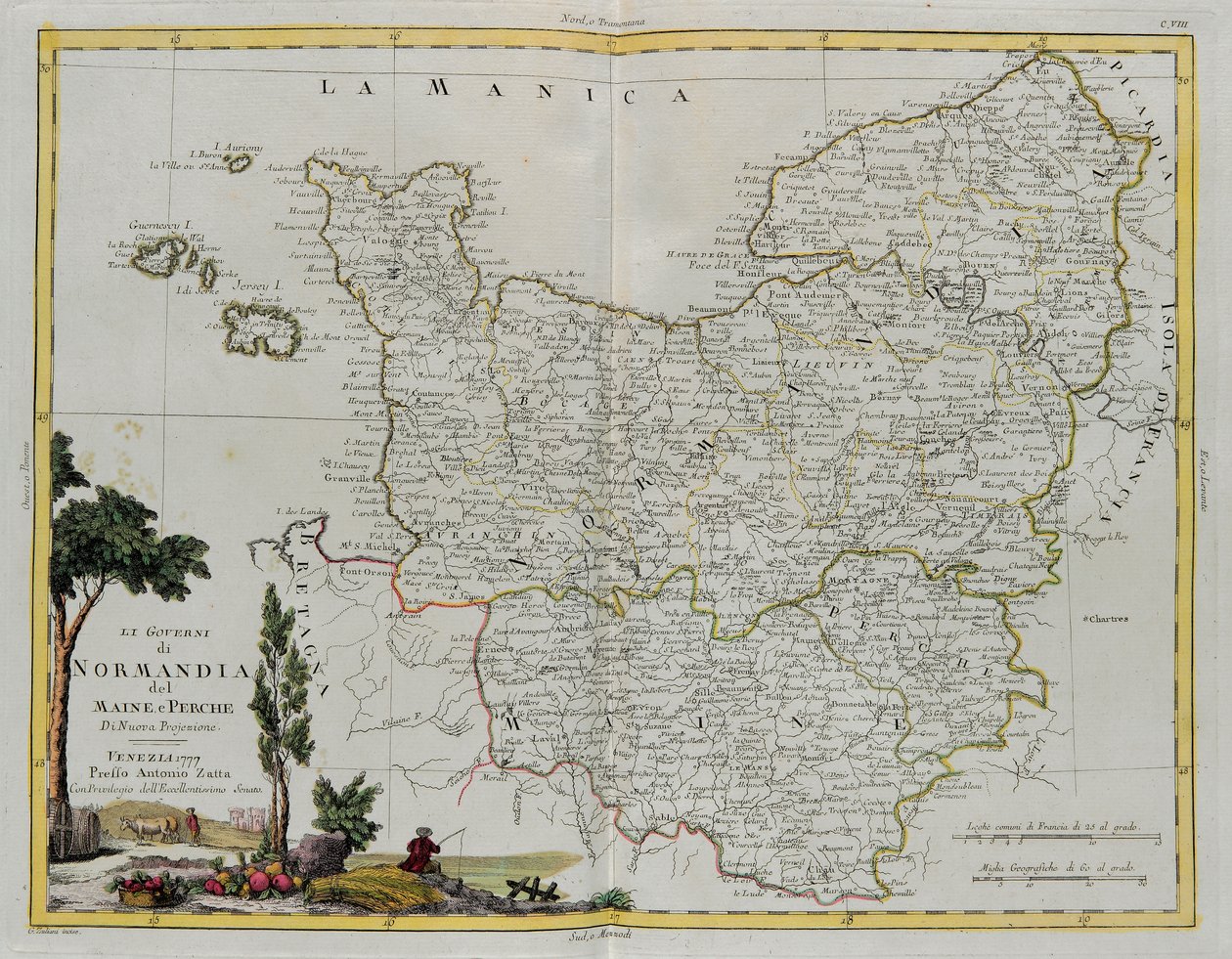 Die Gouvernements von Normandie, Maine und Perche, Stich von G. Zuliani aus Band I des Neuesten Atlas, veröffentlicht in Venedig 1777 von Antonio Zatta, Privatsammlung von G. Zuliani