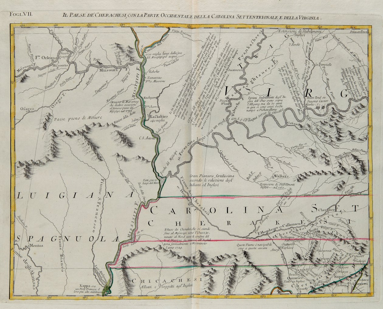 Land der Cherokee mit dem westlichen Teil von North Carolina und Virginia, Stich von G. Zuliani aus Band I des "Neuesten Atlas" veröffentlicht in Venedig 1778 von Antonio Zatta, Privatsammlung von G. Zuliani